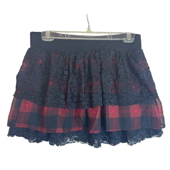 Plaid Red Black Lace Layered Miniskirt Grunge Goth Punk Elastic Waist Size XL - Picture 5 of 10